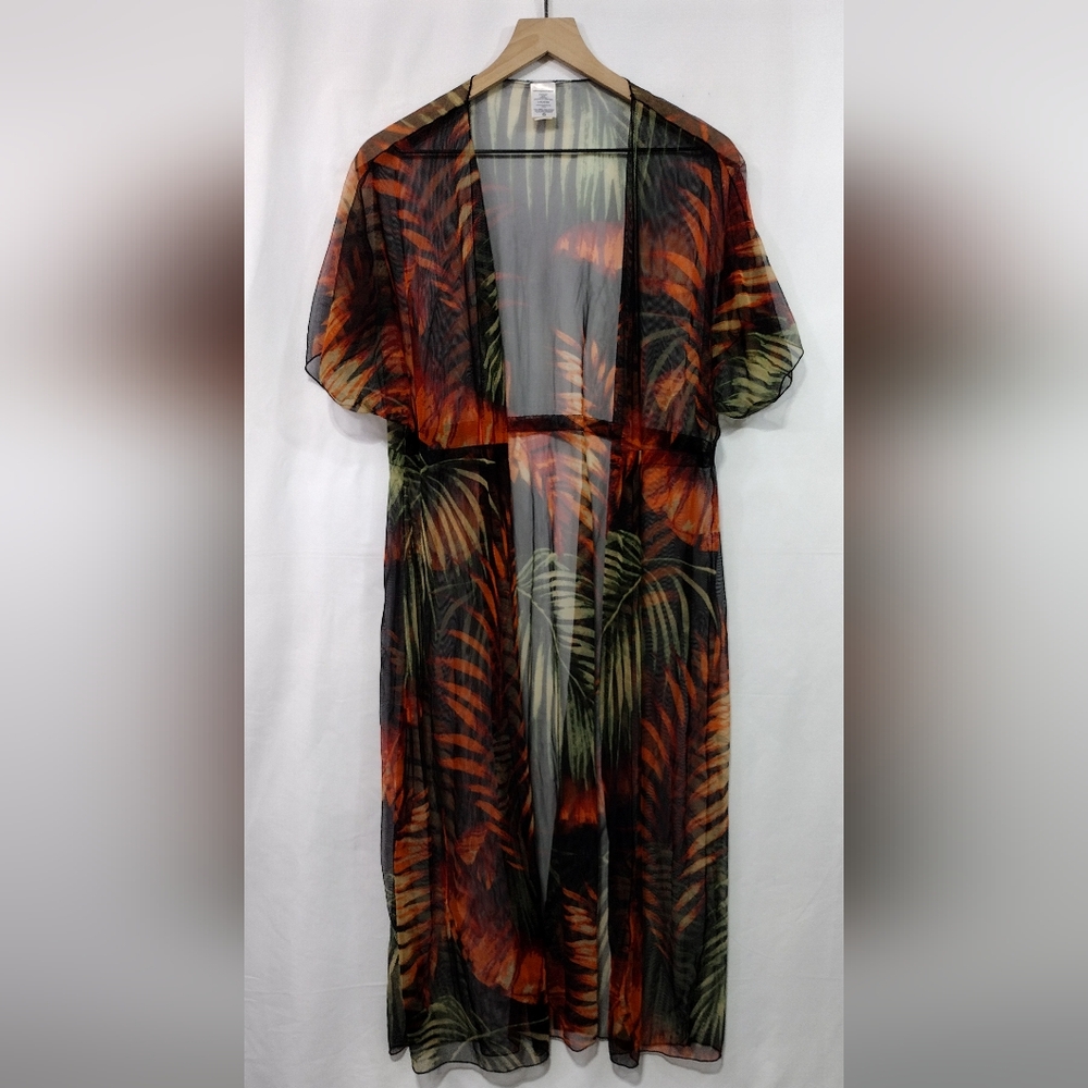 Floral Palm Leaves Kimono Beach Coverup Women's XL Brown Green Boho Artsy Retro